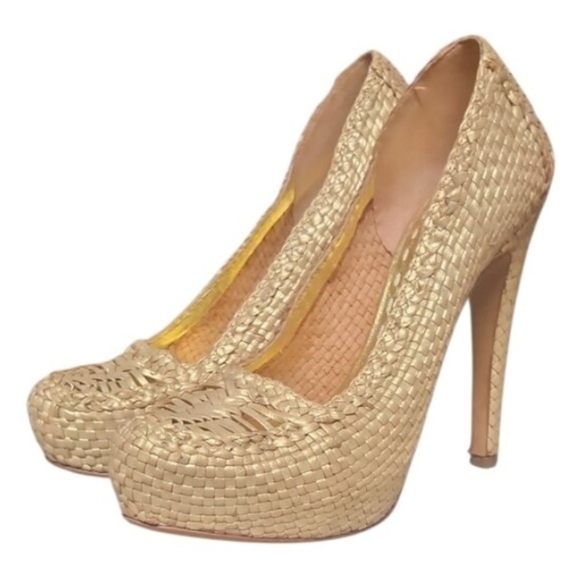 Prada Shoes - PRADA | Raffia Platform Pumps Beige Gold Heels Size 38 Italy